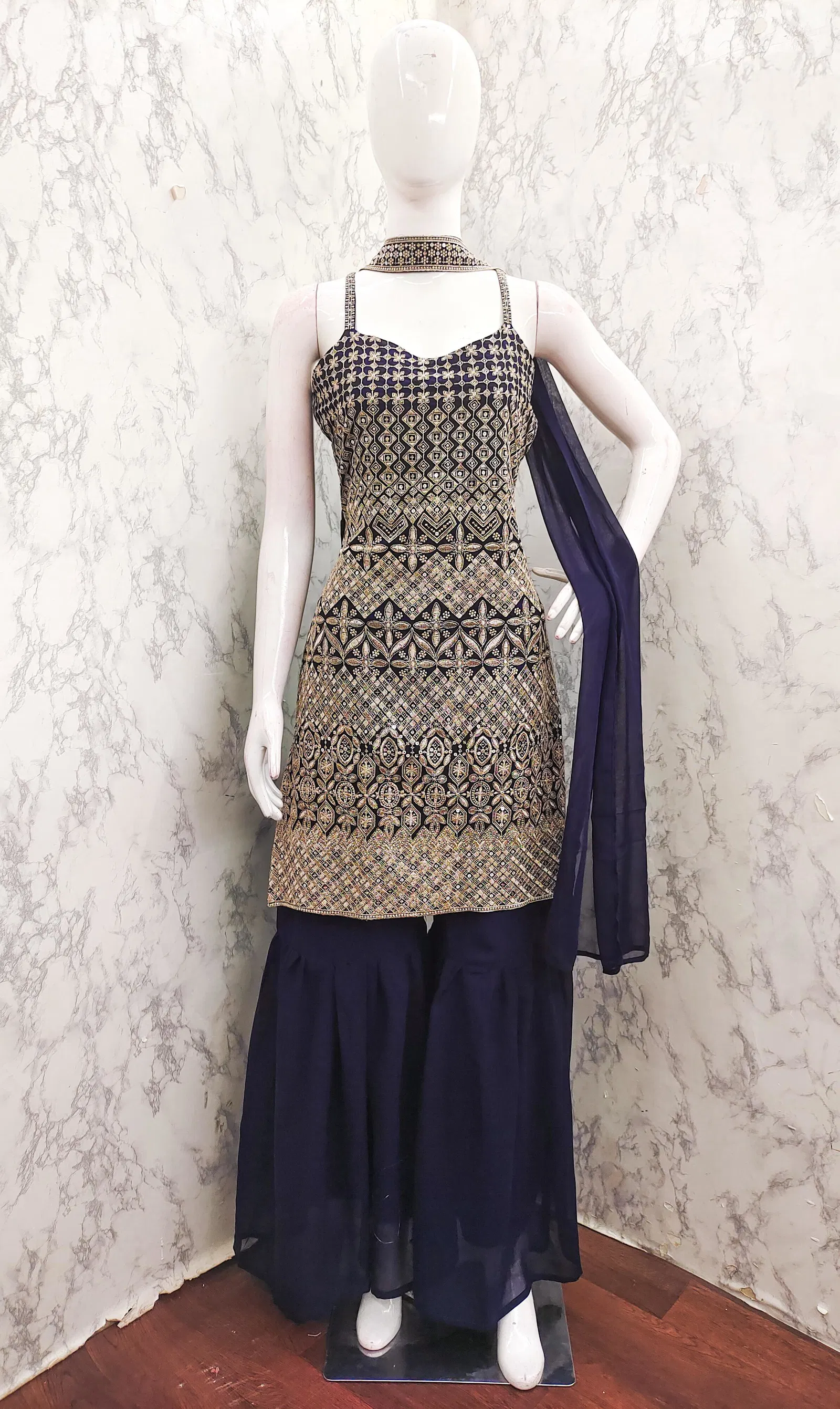Tt 004 A to D Chinon Embroidery Readymade Suits Suppliers In India